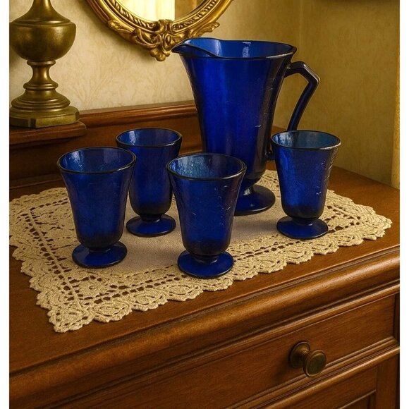 Vintage Cobalt Blue Glass Pitcher Set Florentine 2 Upper Deck 5 Piece Taiwan Emb - Picture 2 of 16